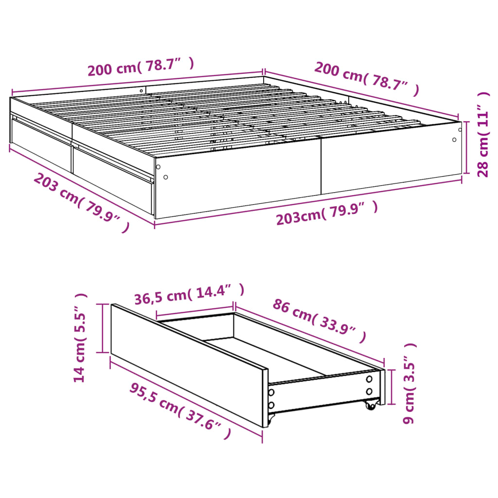vidaXL Πλαίσιο Κρεβατιού με συρτάρια Γκρι sonoma 200x200εκ. Επεξ. Ξύλο