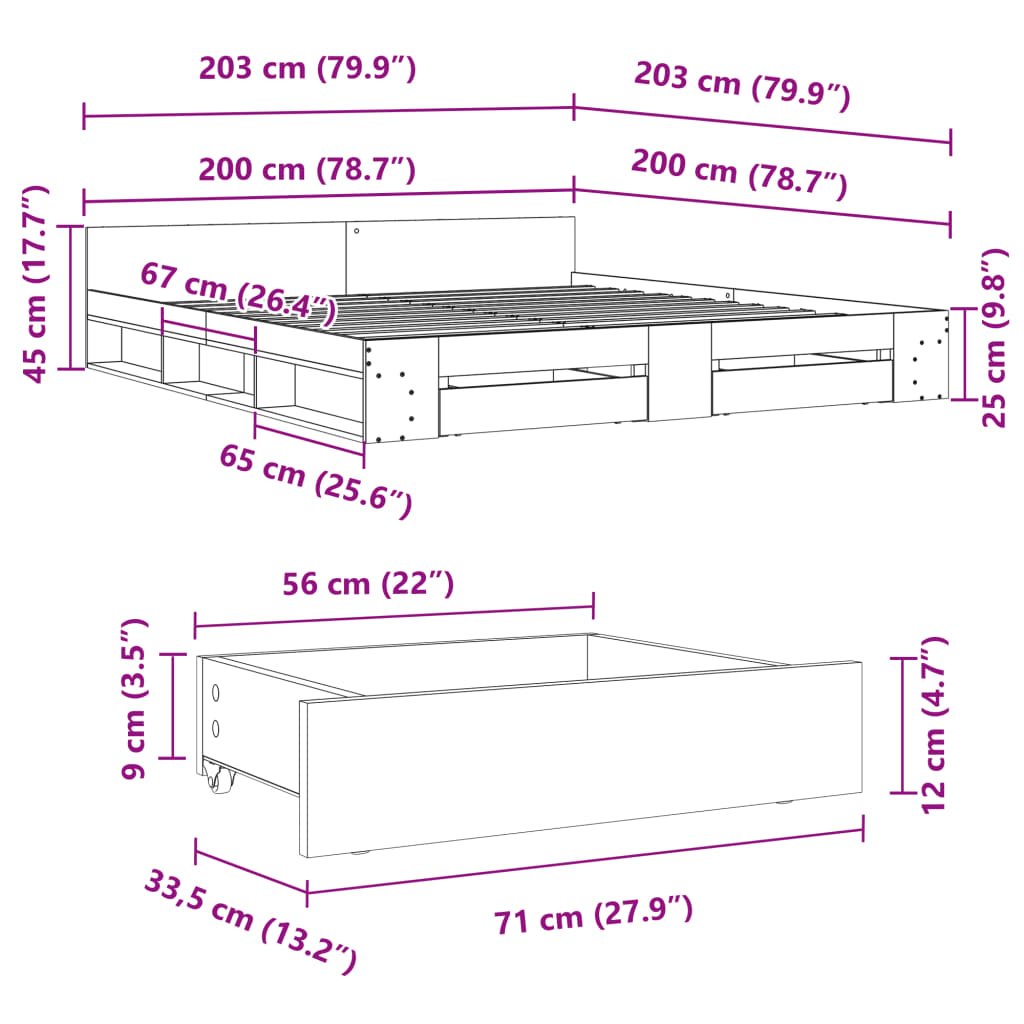 vidaXL Πλαίσιο Κρεβατιού με συρτάρια Γκρι sonoma 200x200εκ. Επεξ. Ξύλο