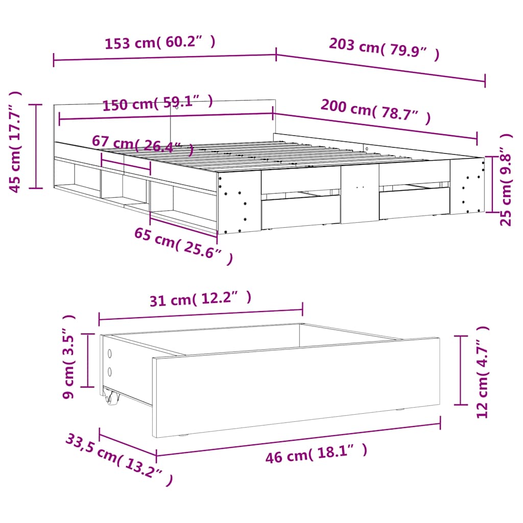 vidaXL Πλαίσιο Κρεβατιού με Συρτάρια Γκρι Sonoma 150x200εκ. Επεξ. Ξύλο