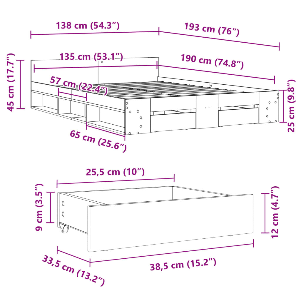 vidaXL Πλαίσιο Κρεβατιού με συρτάρια Sonoma Δρυς 135x190εκ. Επεξ. Ξύλο