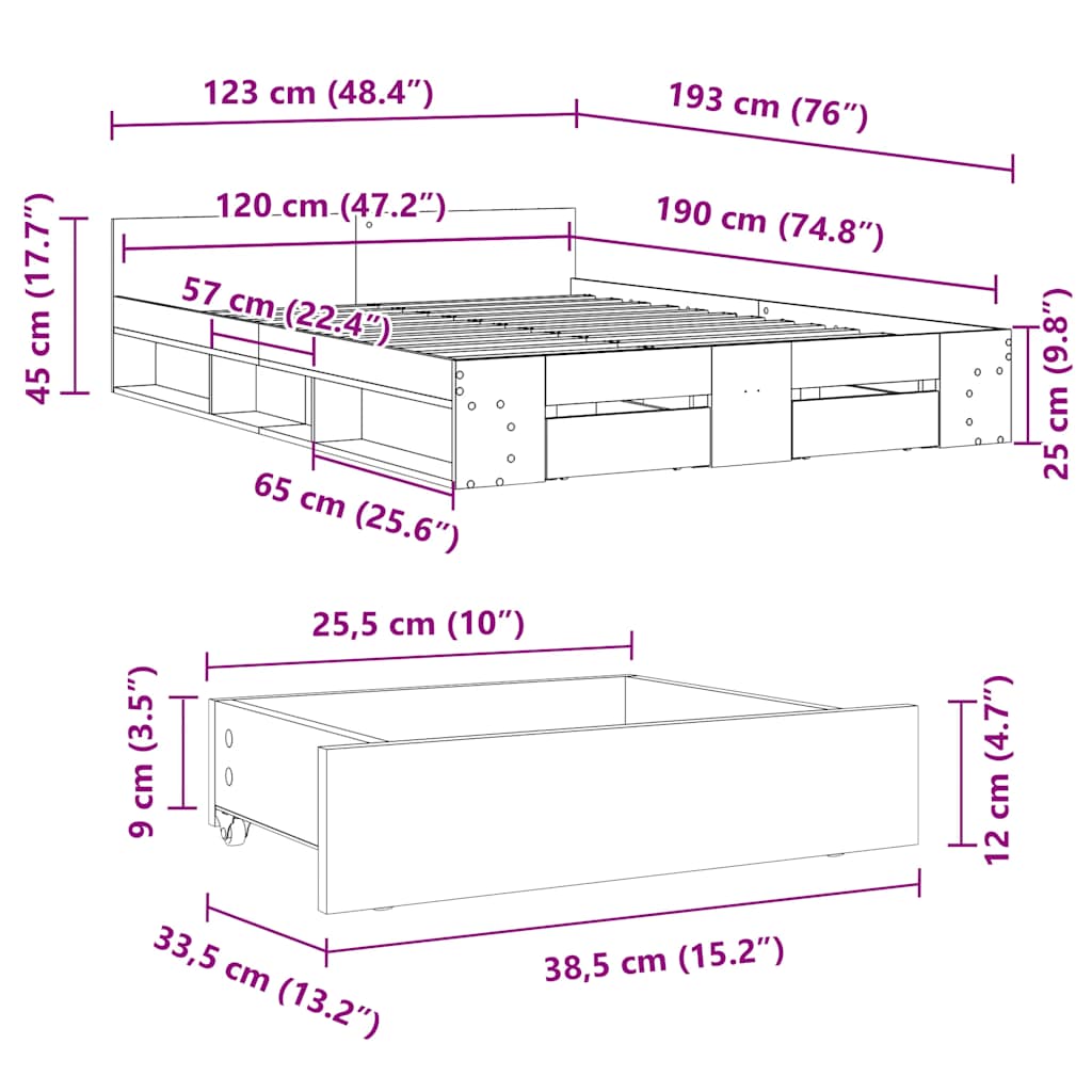 vidaXL Πλαίσιο Κρεβατιού με συρτάρια Γκρι sonoma 120x190εκ. Επεξ. Ξύλο