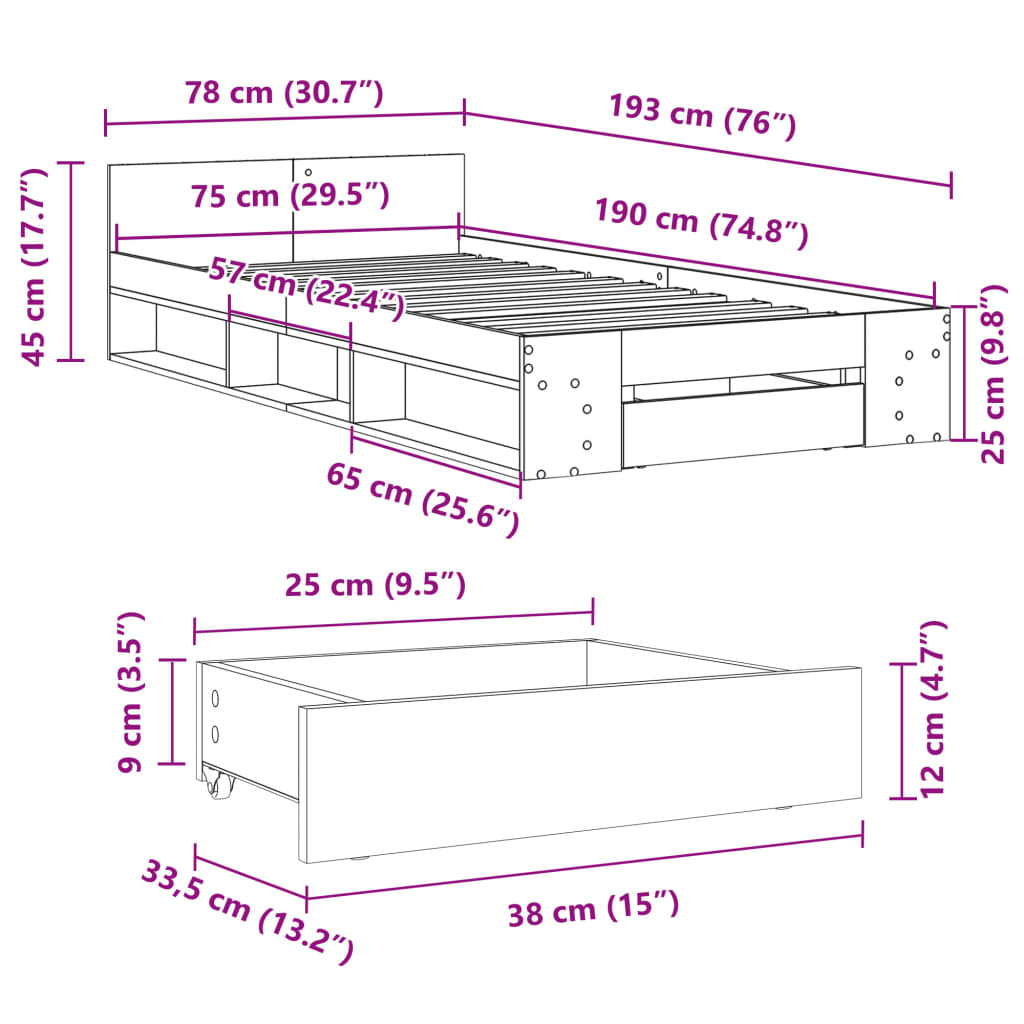 vidaXL Πλαίσιο Κρεβατιού με Συρτάρια Λευκό 75x190εκ Επεξεργασμένο Ξύλο