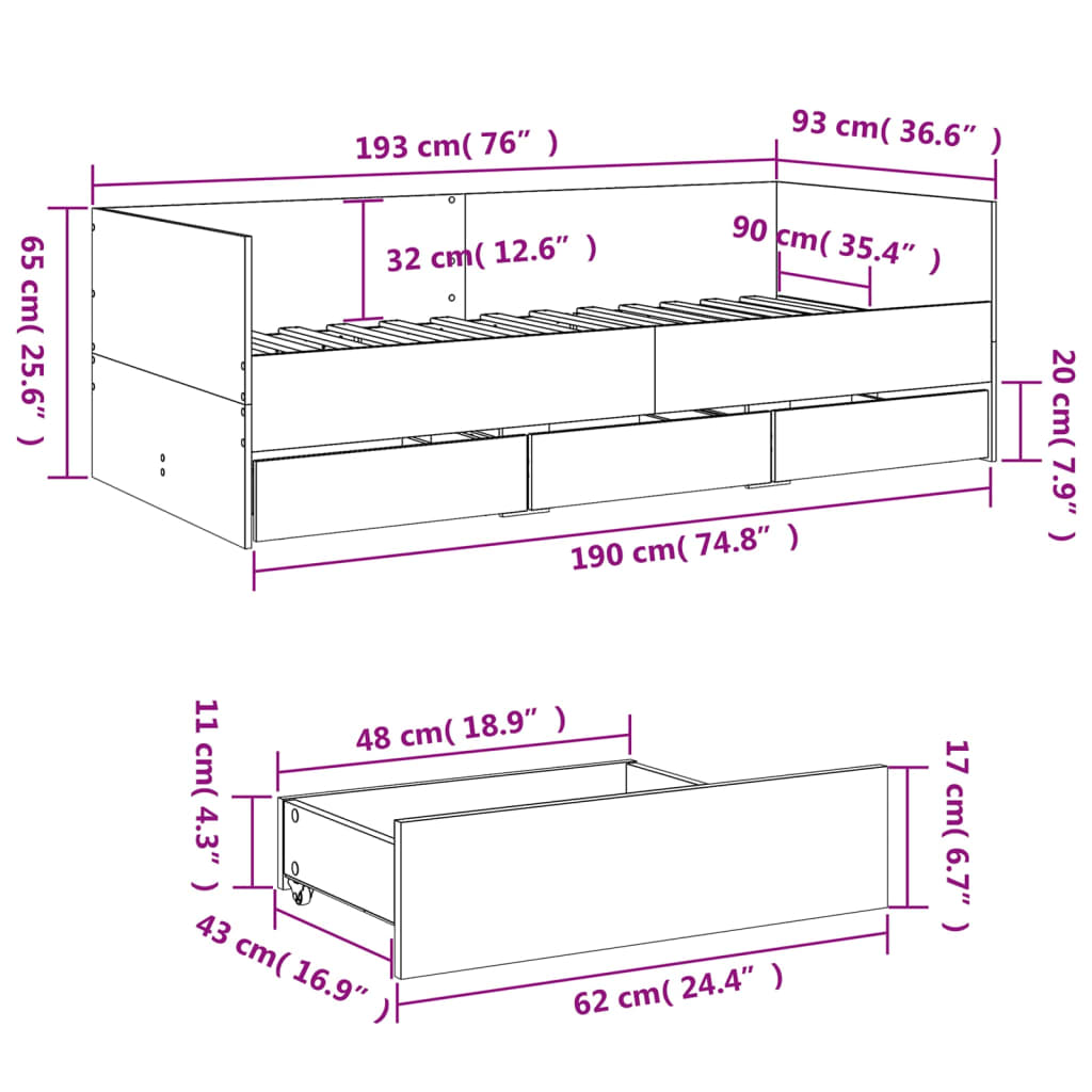 vidaXL Καναπές Κρεβάτι με Συρτάρια Χωρίς Στρώμα Λευκός 90x190 εκ.
