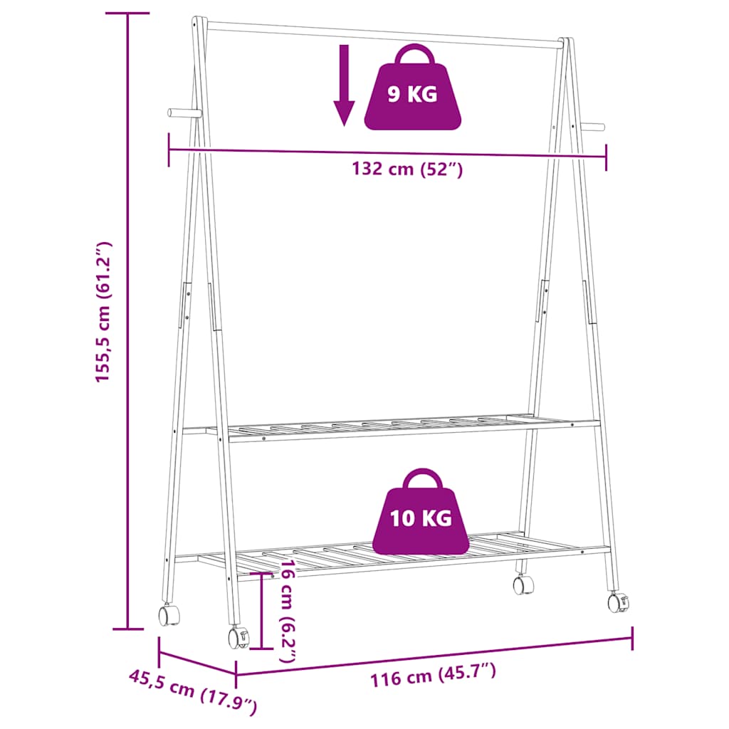vidaXL Ράφι ρούχων με ράφια και ρόδες 132x45,5x155,5 εκ.Μπαμπού