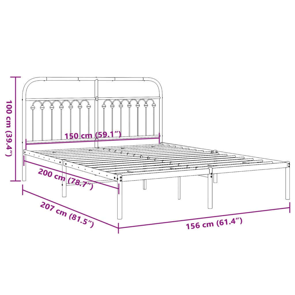 vidaXL Πλαίσιο Κρεβατιού με Κεφαλάρι Μαύρο 150 x 200 εκ. Μεταλλικό