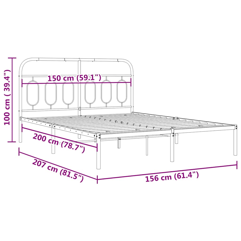 vidaXL Πλαίσιο Κρεβατιού με Κεφαλάρι Μαύρο 150 x 200 εκ. Μεταλλικό