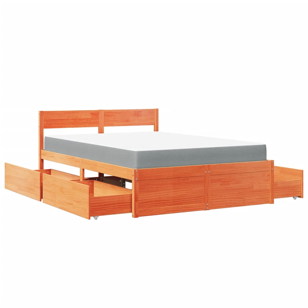 vidaXL Κρεβάτι με Συρτάρια+Στρώμα Καφέ 120x200 εκ. Μασίφ Ξύλο Πεύκου