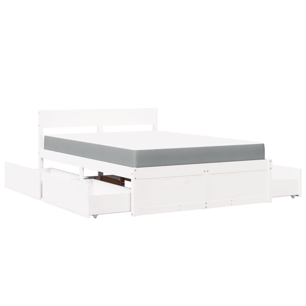 vidaXL Κρεβάτι με Συρτάρια+Στρώμα Λευκό 140x190 εκ. Μασίφ Ξύλο Πεύκου