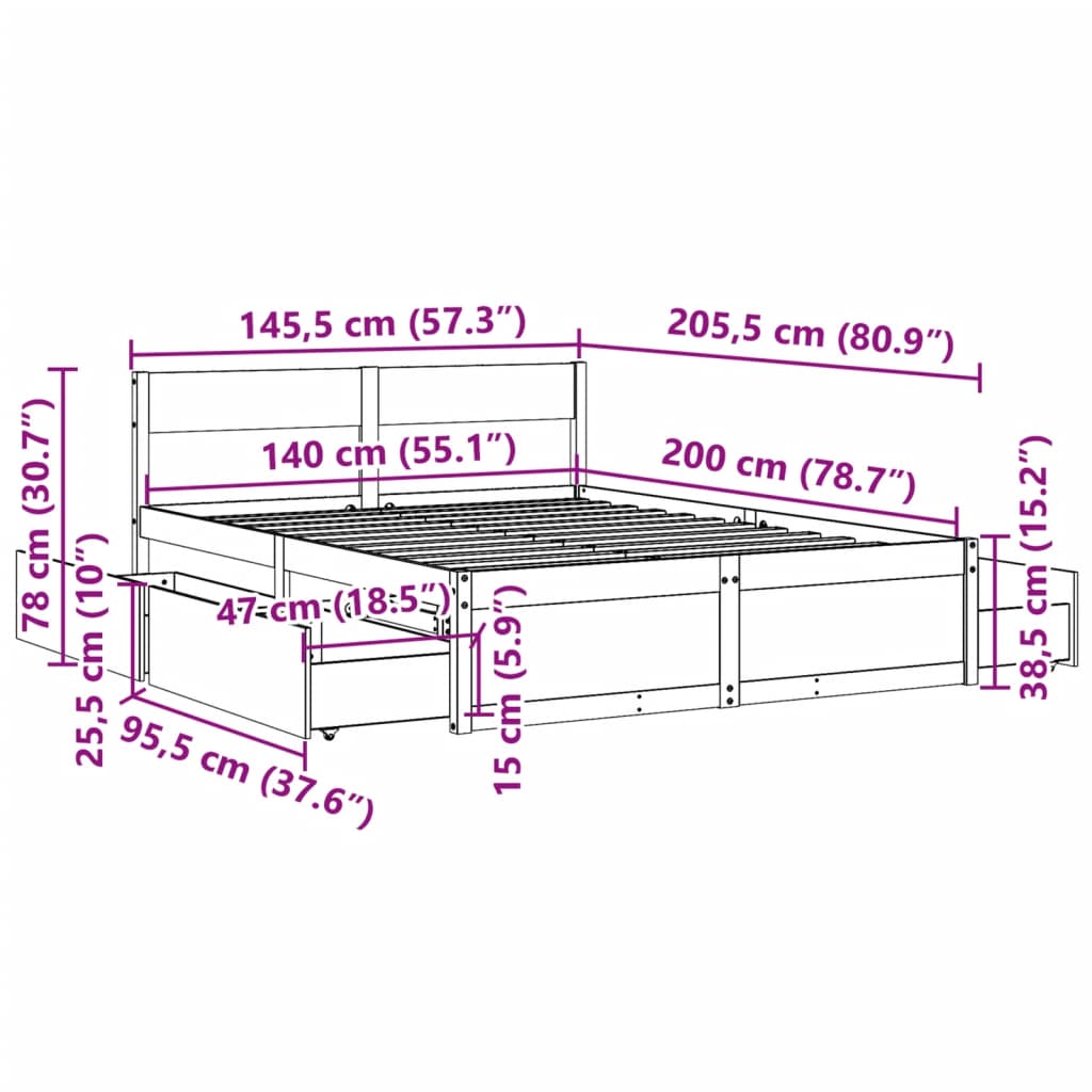 vidaXL Σκελετός Κρεβατιού Χωρίς Στρώμα 140x200 εκ Μασίφ Ξύλο Πεύκου