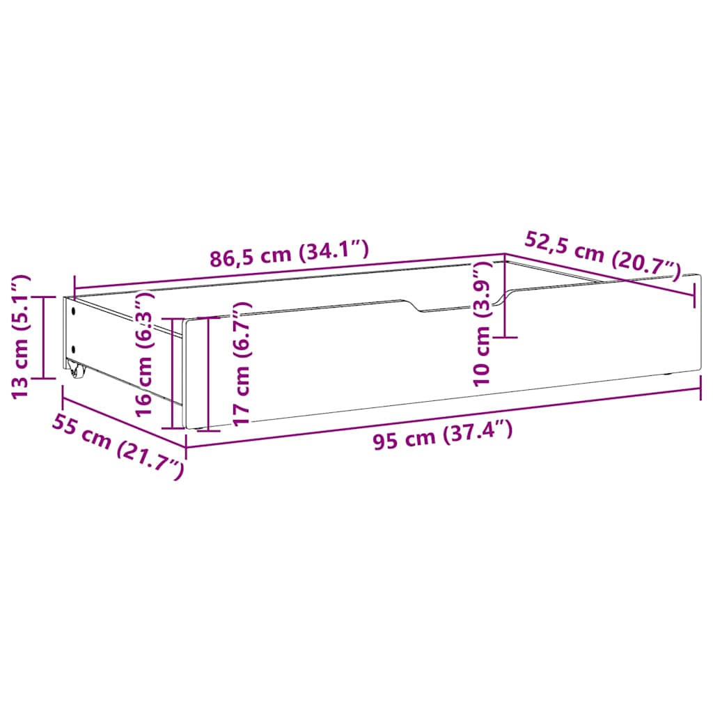 vidaXL Συρτάρια Κρεβατιού 2 τεμ Λευκό 95x55x17 εκ. Μασίφ Ξύλο Πεύκου