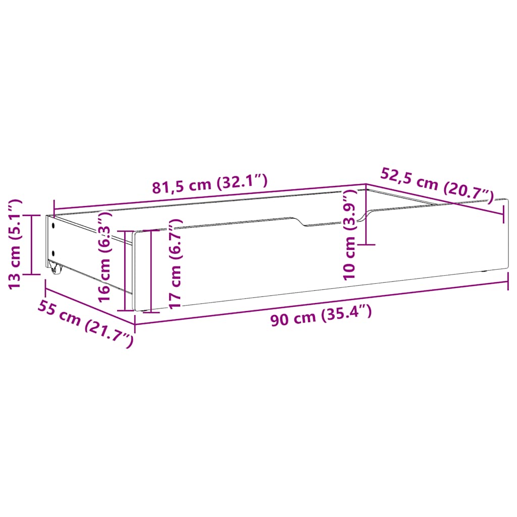 vidaXL Συρτάρια Κρεβατιού 2 τεμ Λευκό 90x55x17 εκ. Μασίφ Ξύλο Πεύκου