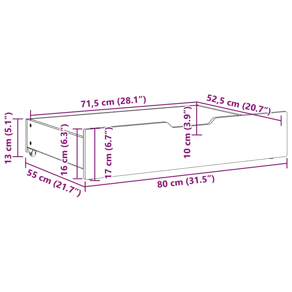vidaXL Συρτάρια Κρεβατιού με Ροδάκια 2 τεμ. 80x55x17 εκ. Μασίφ Πεύκο