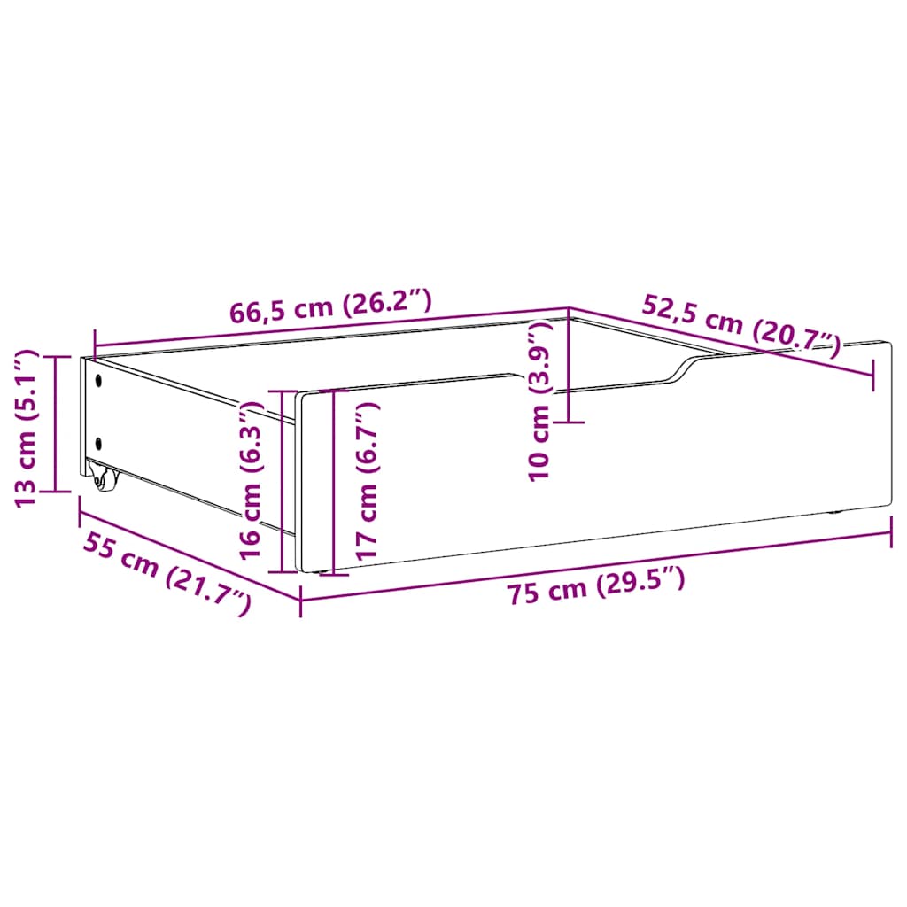 vidaXL Συρτάρια Κρεβατιού με Ροδάκια 2 τεμ. 75x55x17 εκ. Μασίφ Πεύκο