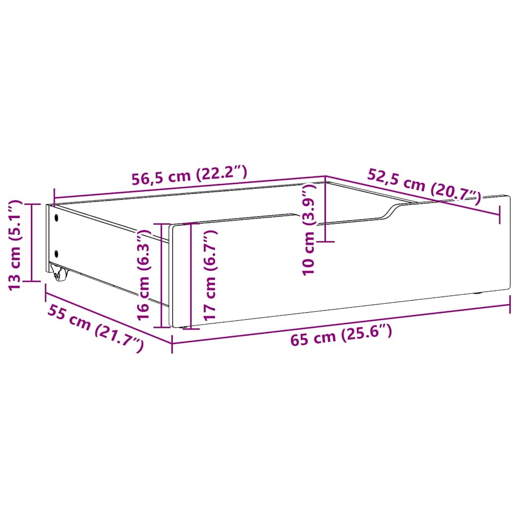 vidaXL Συρτάρια Κρεβατιού με Ροδάκια 2 τεμ. 65x55x17 εκ. Μασίφ Πεύκο