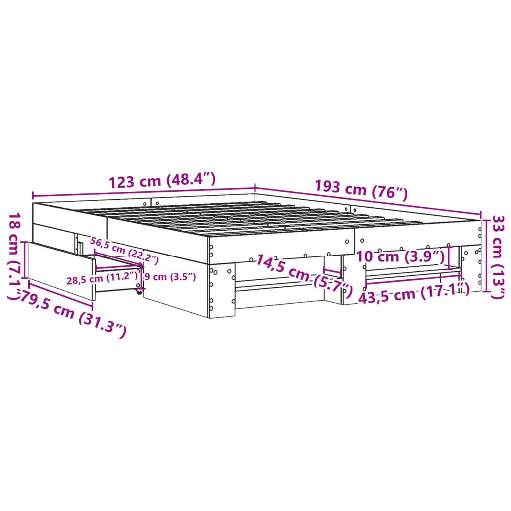 vidaXL Πλαίσιο Κρεβατιού Γκρι Σκυροδέματος 120x190 εκ. Επεξεργ. Ξύλο