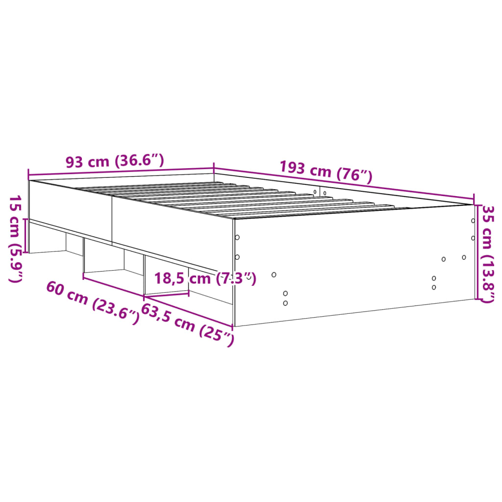 vidaXL Πλαίσιο Κρεβατιού Γκρι Σκυροδέματος 90 x 190 εκ. Επεξεργ. Ξύλο