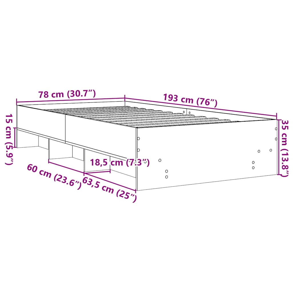 vidaXL Πλαίσιο Κρεβατιού Μαύρο 75 x 190 εκ. από Επεξεργασμένο Ξύλο