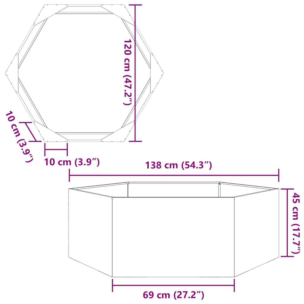 vidaXL Ζαρντινιέρα Κήπου Εξάγωνη 138x120x45 εκ. Ανοξείδωτο Ατσάλι