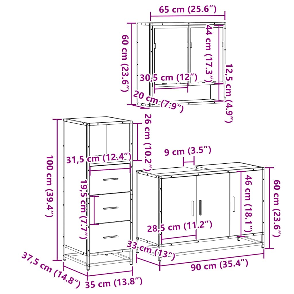 vidaXL Σετ Επίπλων Μπάνιου 3 Τεμαχίων Sonoma Δρυς Επεξεργασμένο Ξύλο