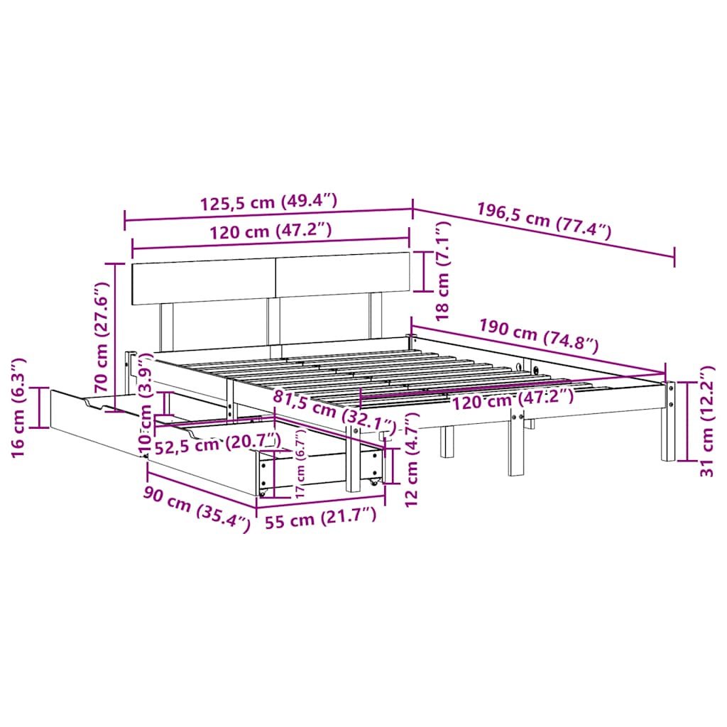 vidaXL Σκελετός Κρεβατιού Χωρίς Στρώμα 120x190 εκ Μασίφ Ξύλο Πεύκου