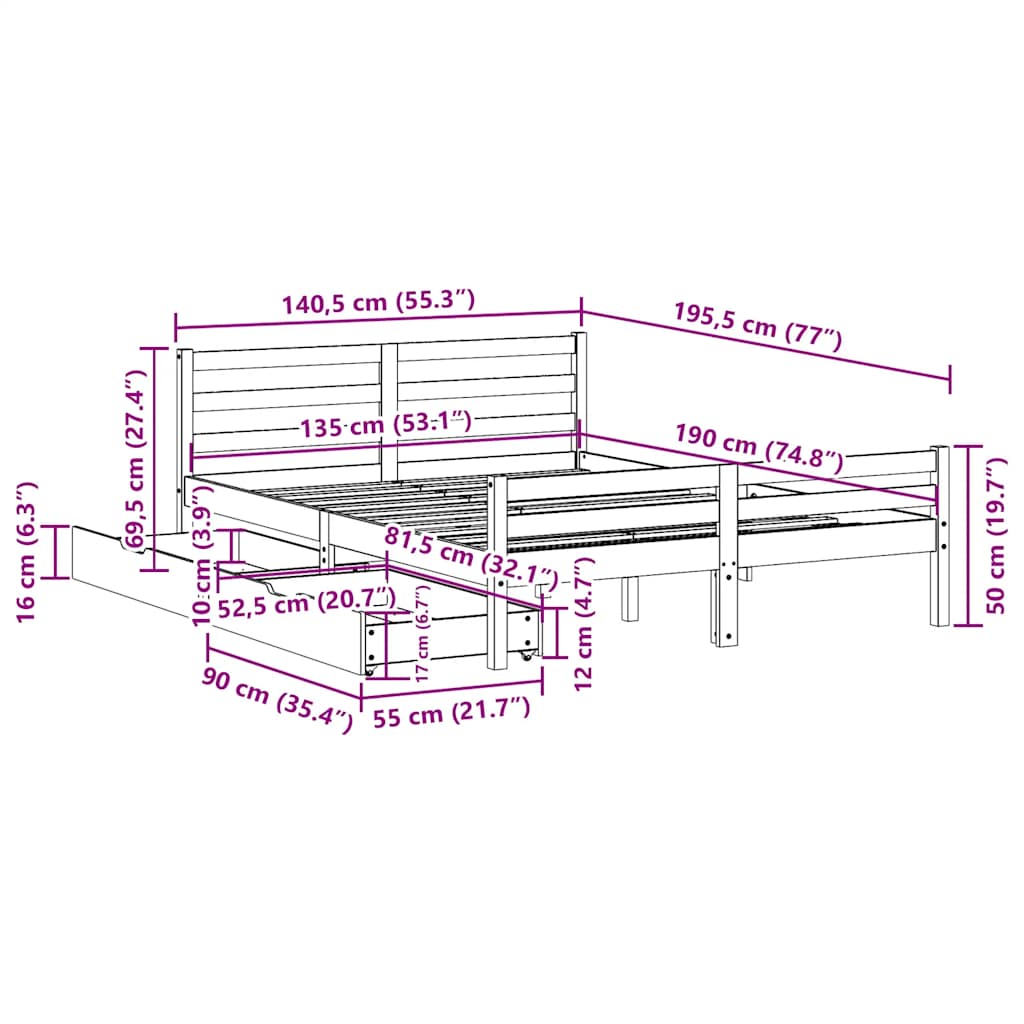 vidaXL Σκελετός Κρεβ. Χωρίς Στρώμα Λευκό 135x190 εκ Μασίφ Πεύκο