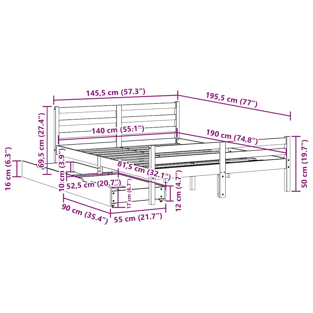 vidaXL Σκελετός Κρεβατιού Χωρίς Στρώμα 140x190 εκ Μασίφ Ξύλο Πεύκου