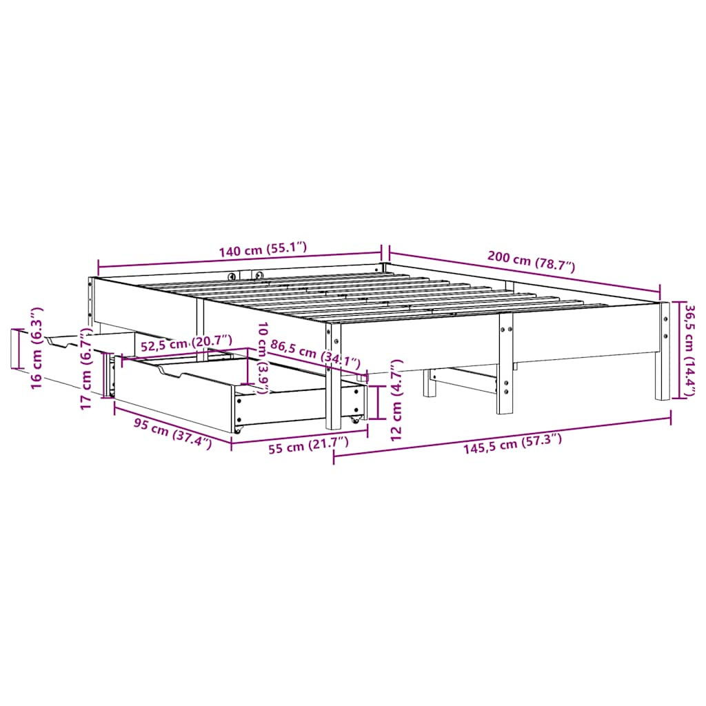 vidaXL Σκελετός Κρεβατιού Χωρίς Στρώμα Καφέ 140x200 Μασίφ Ξύλο Πεύκου