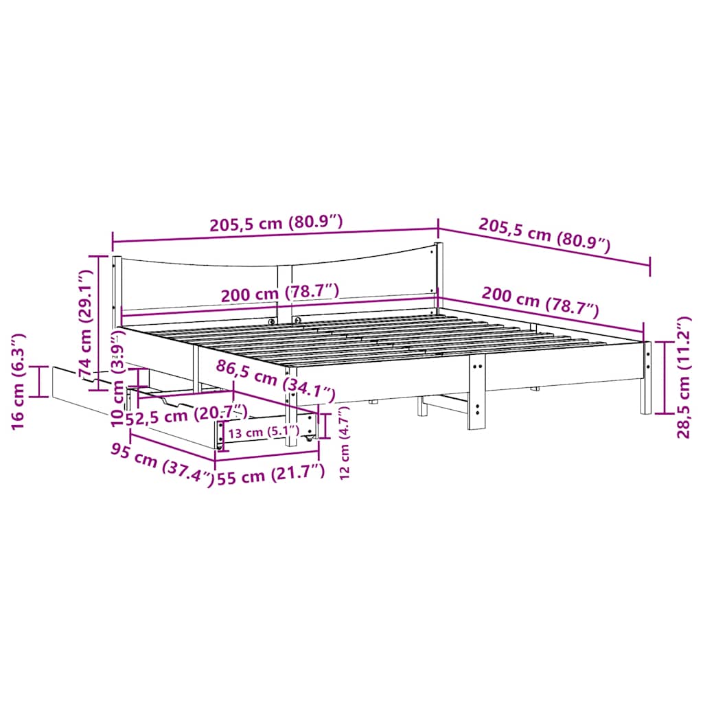vidaXL Πλαίσιο Κρεβατιού με Συρτάρια 200x200 εκ Μασίφ Ξύλο Πεύκου