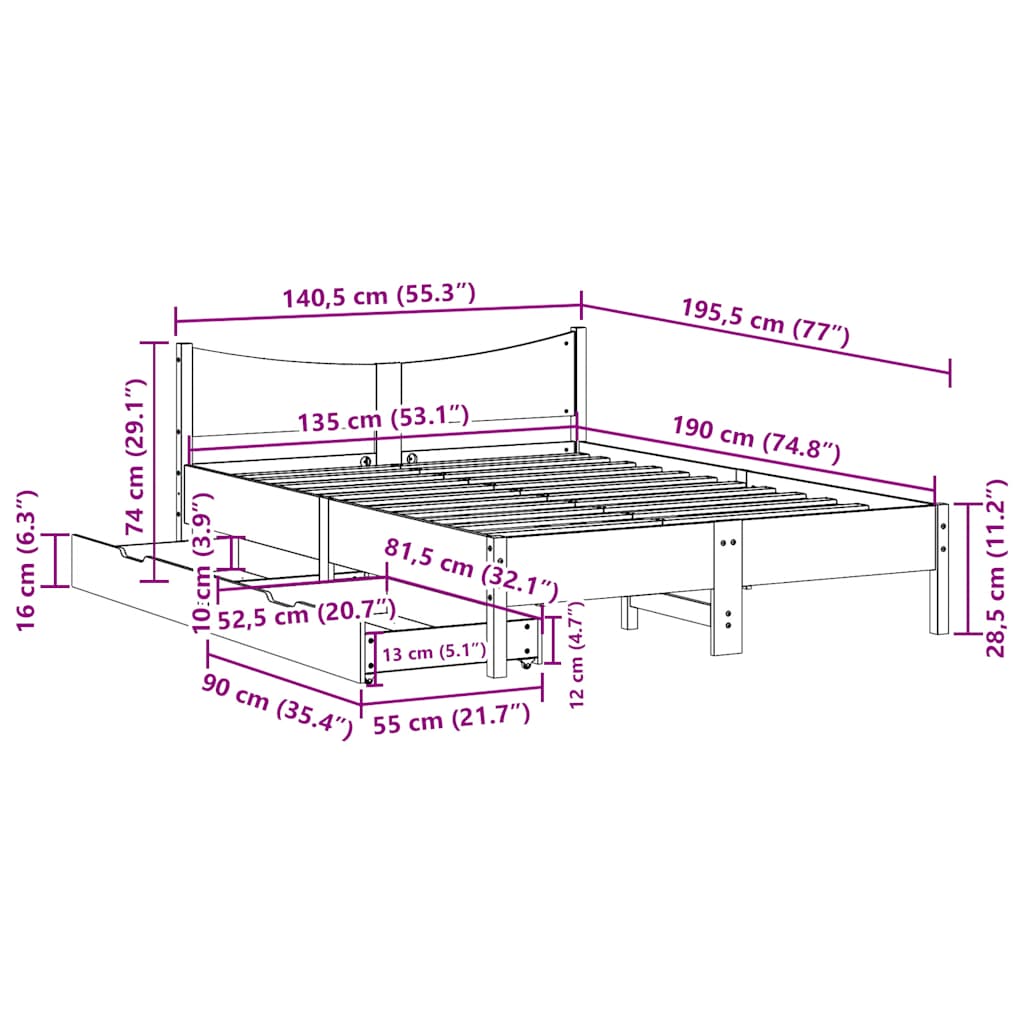 vidaXL Πλαίσιο Κρεβατιού με Συρτάρια 135x190 εκ Μασίφ Ξύλο Πεύκο