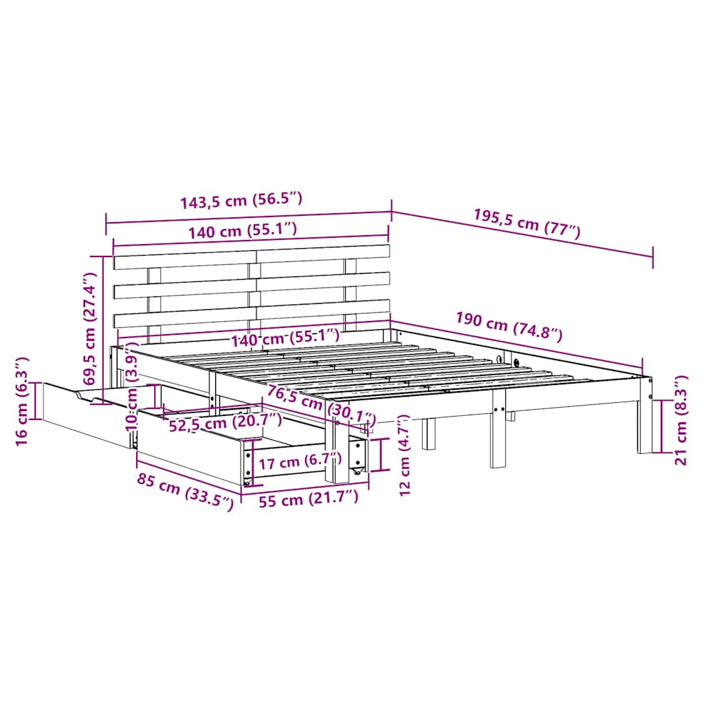 vidaXL Πλαίσιο Κρεβατιού με Συρτάρια Χωρίς Στρώμα 140x190 εκ.