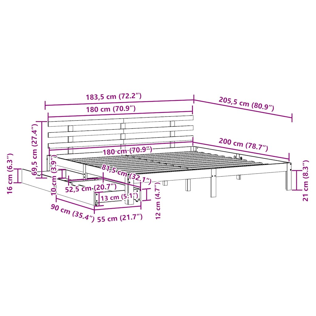 vidaXL Πλαίσιο Κρεβατιού με Συρτάρια Χωρίς Στρώμα Λευκό 180x200 εκ.