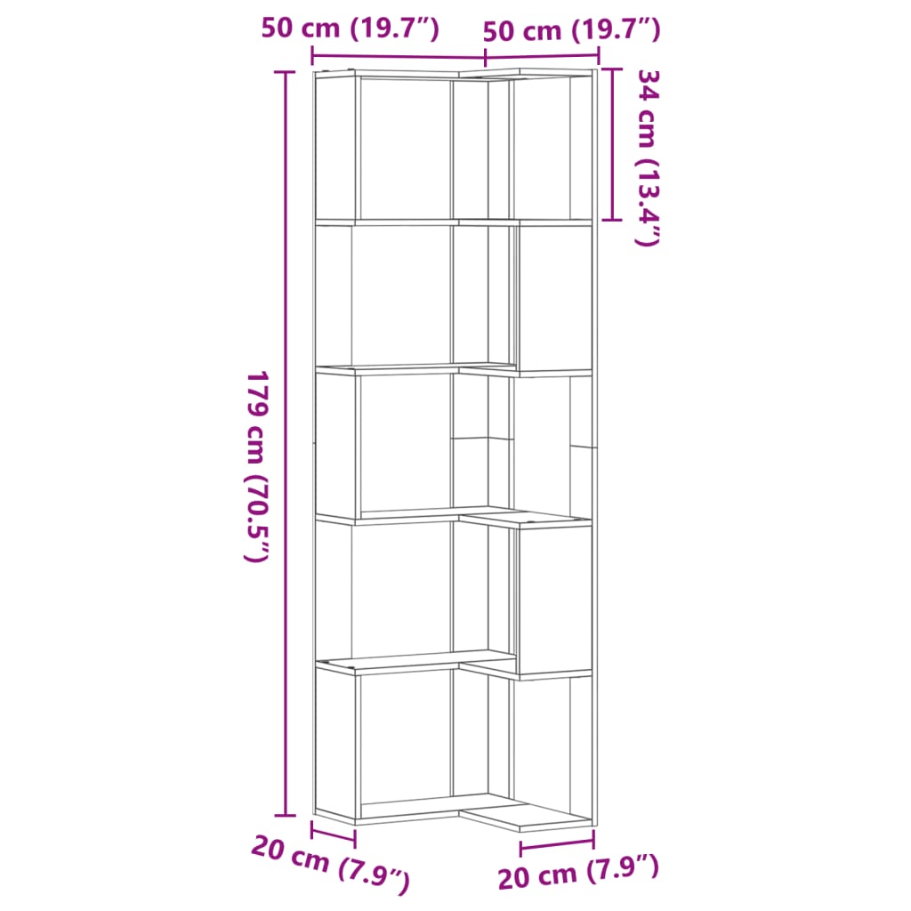 vidaXL Βιβλιοθήκη Γωνιακή 5 Επ. Καφέ Δρυς 50x50x179 εκ Επεξ. Ξύλο