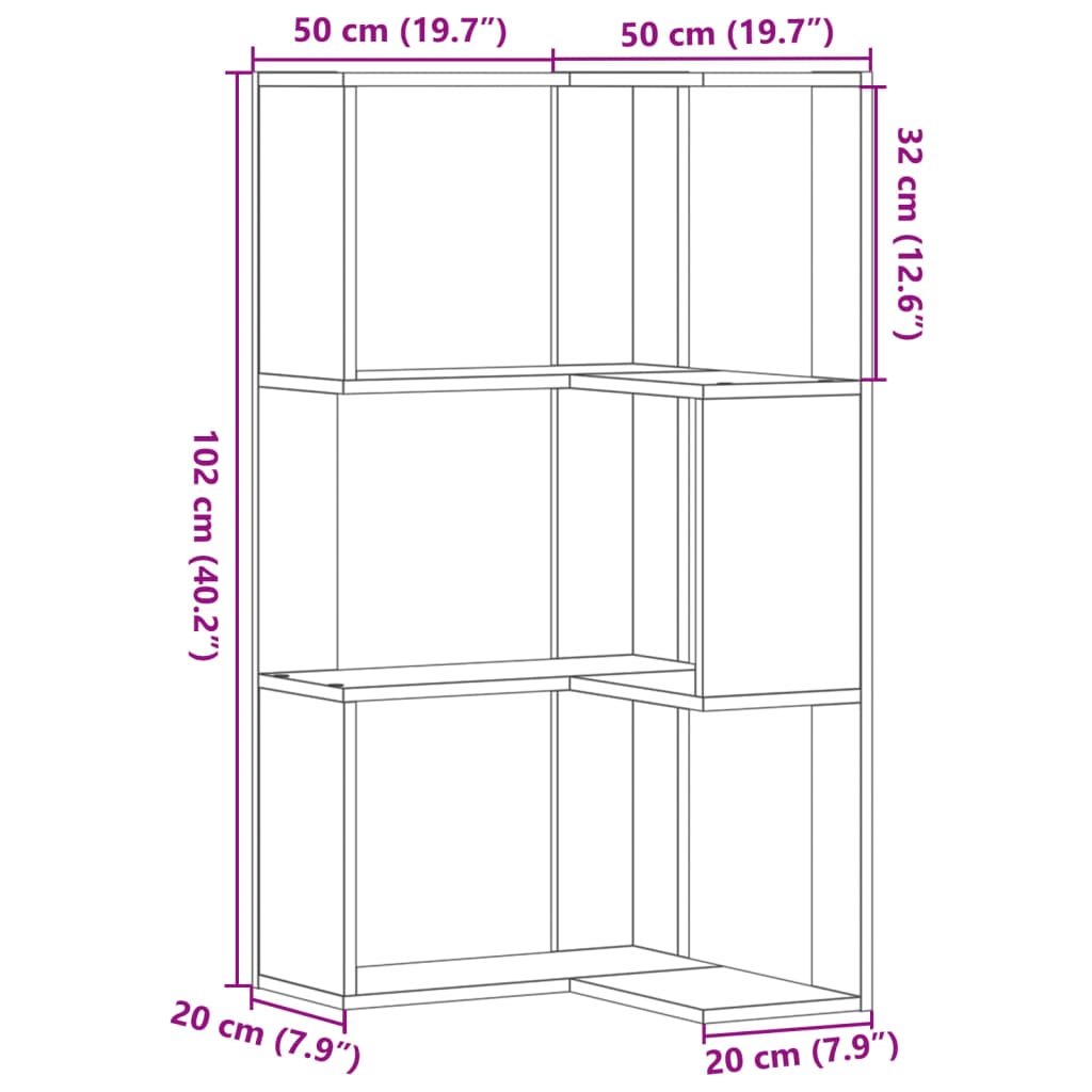 vidaXL Βιβλιοθήκη Γωνιακή 3 Επ. Γκρι Σκυροδέμ. 50x50x102εκ Επεξ. Ξύλο