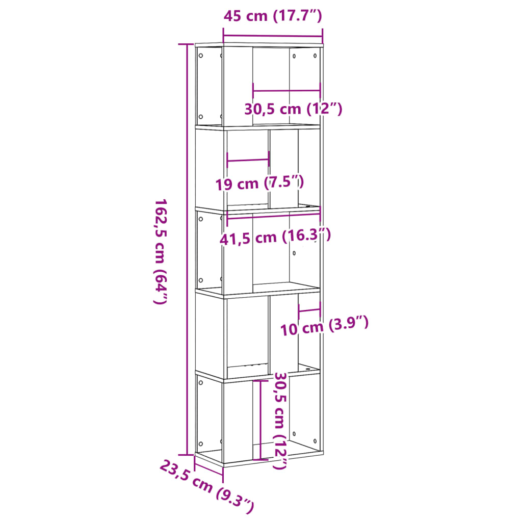 vidaXL Βιβλιοθήκη 5 Επιπέδων Γκρι Σκυροδέματος 45 x 23,5 x 162,5 εκ.