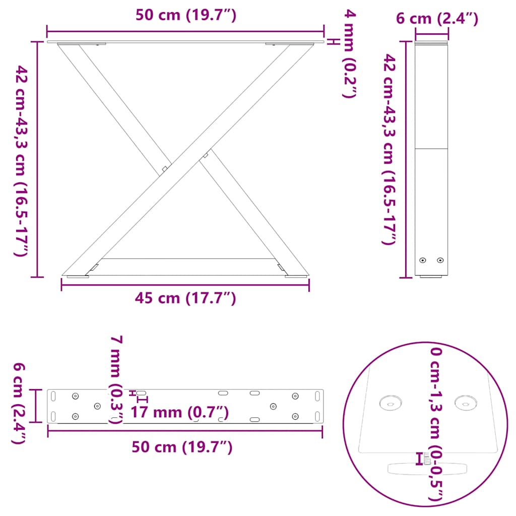 vidaXL Πόδια Τραπεζιού Σαλονιού 2 τεμ. Μαύρο 50x(42-43,3) εκ. Ατσάλι