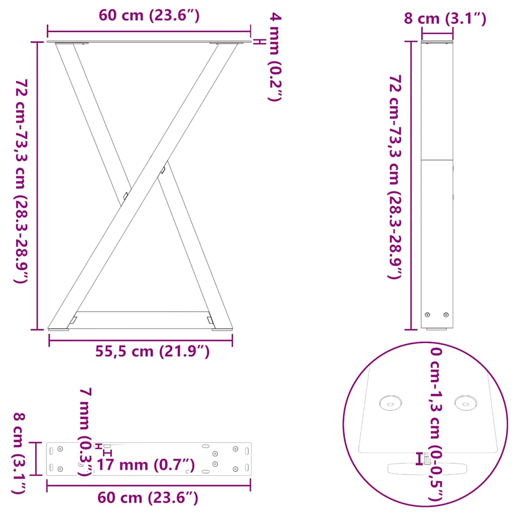 vidaXL Πόδια Τραπεζαρίας 2 τεμ. Μαύρο 60x(72-73,3) εκ. Ατσάλι