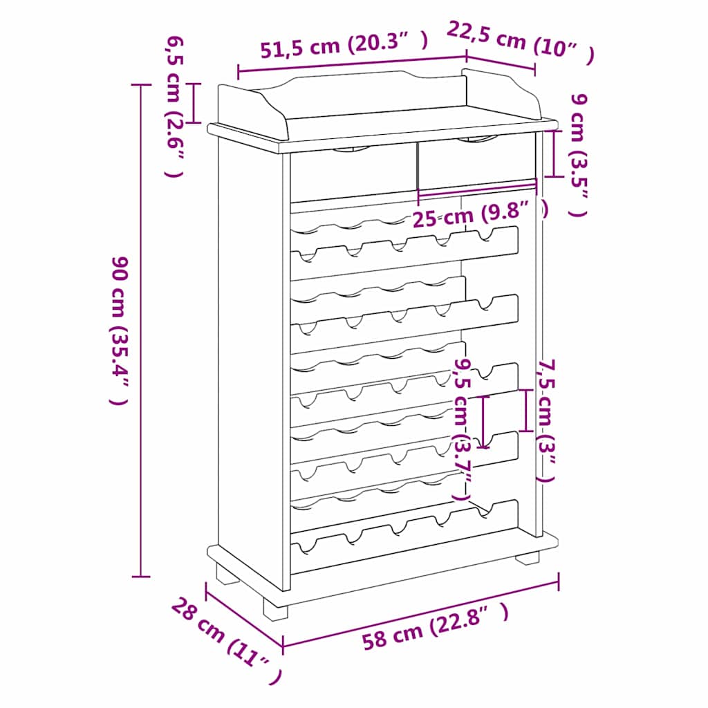 vidaXL Ράφι Κρασιού Φυσικό 58 x 28 x 90 εκ. Στερεό ξύλο πεύκου