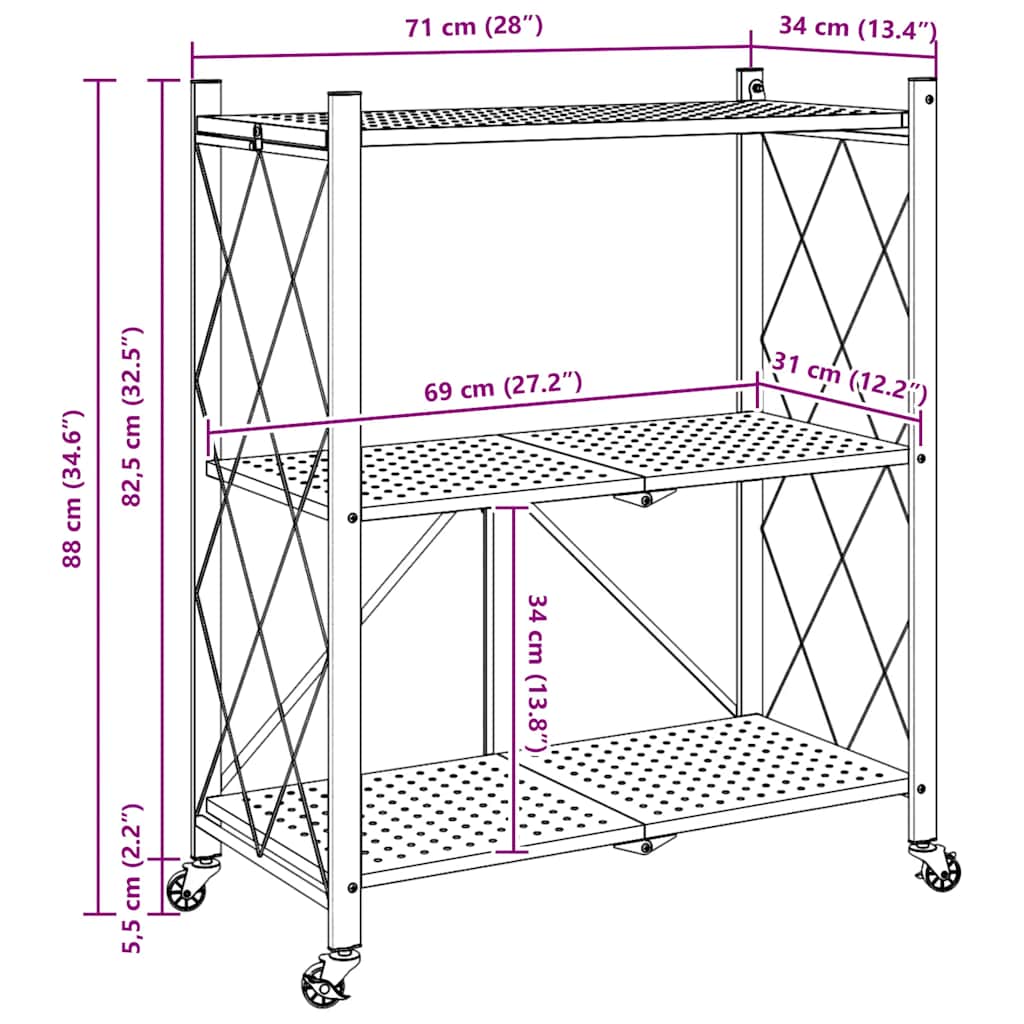 vidaXL Ράφι αποθήκευσης σε ρόδες Μαύρο 71x34x88 cm Ατσάλι