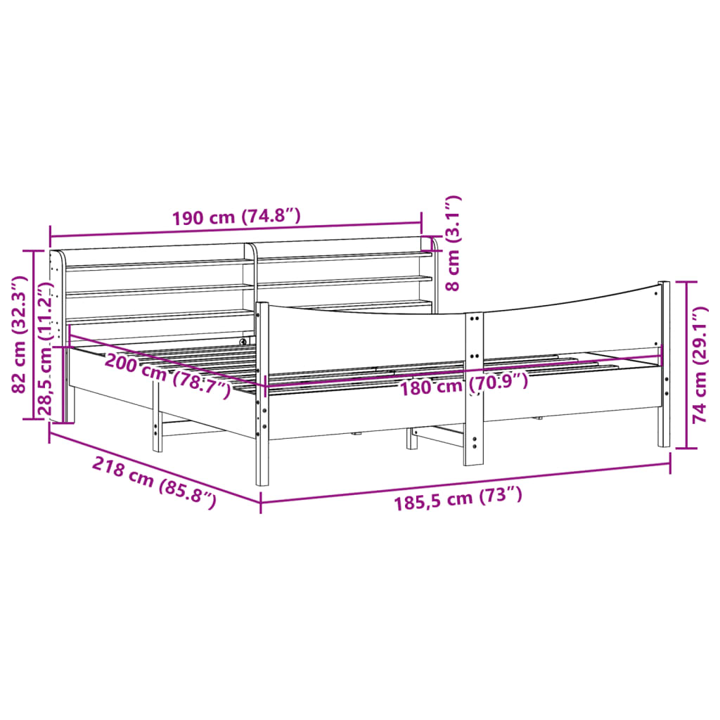 vidaXL Πλαίσιο Κρεβατιού με Κεφαλάρι 180x200 εκ Μασίφ Ξύλο Πεύκου