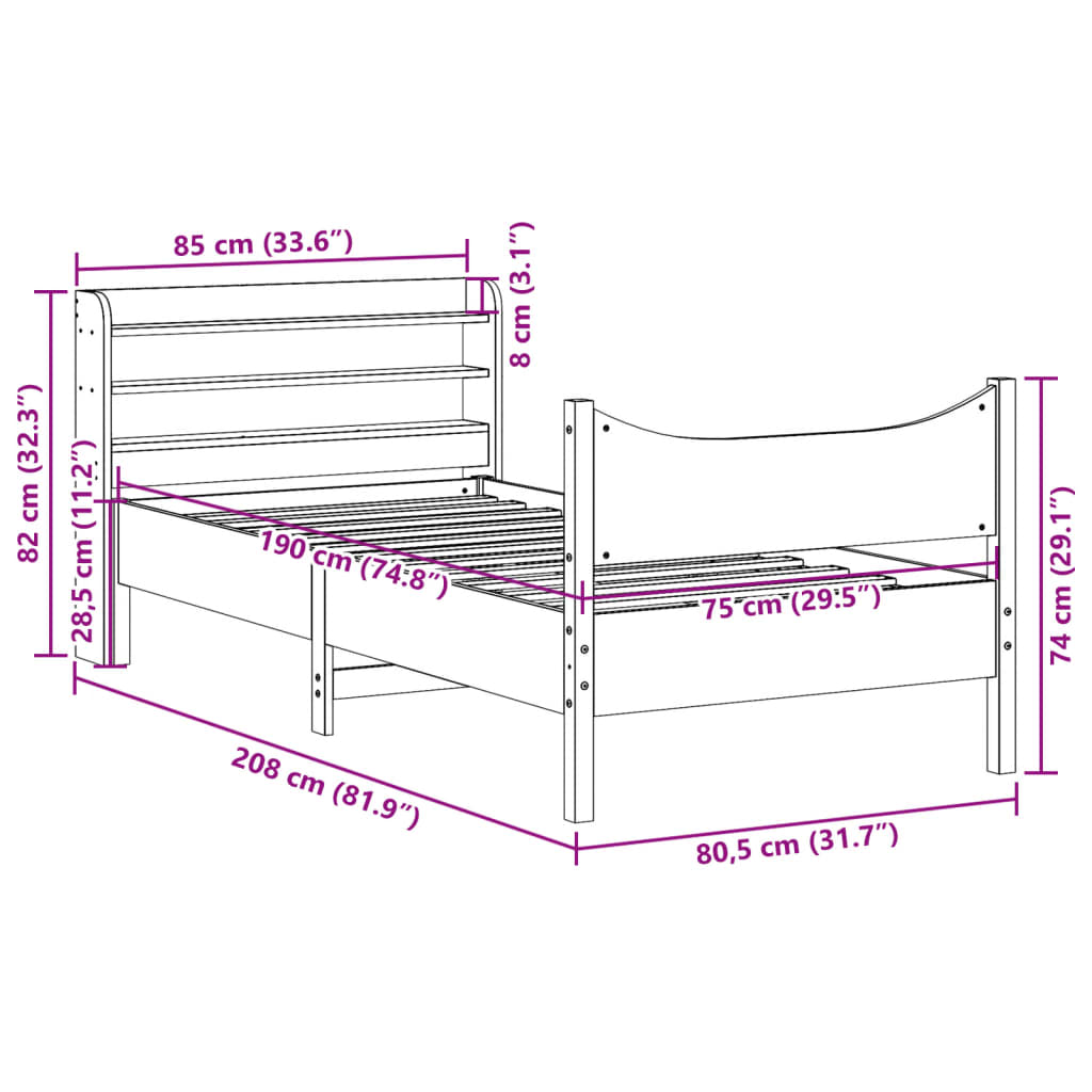 vidaXL Πλαίσιο Κρεβατιού Κεφαλάρι 75x190εκ. Μασίφ Πεύκο