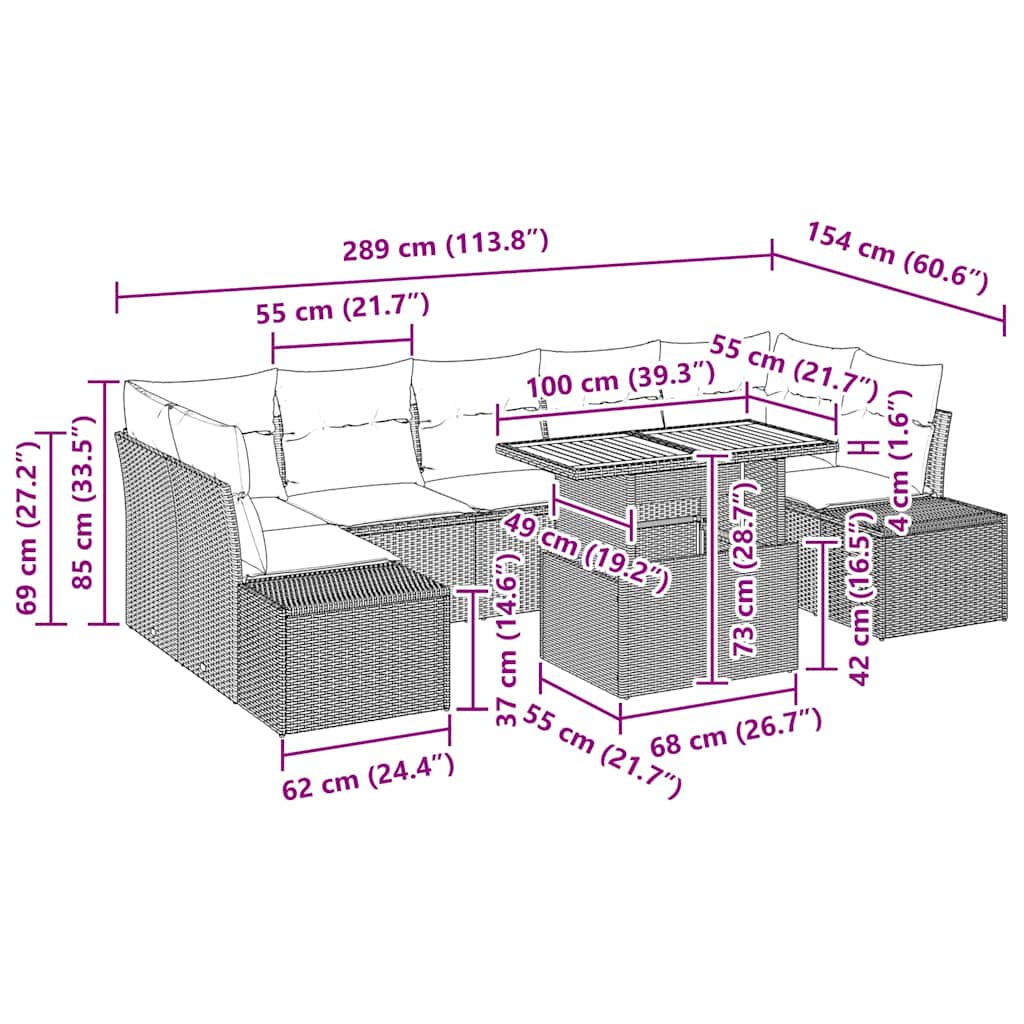 vidaXL Σετ Δείπνου Κήπου 8 Τεμαχίων με Μαξιλάρια Μπεζ Συνθετικό Ρατάν Ακακία