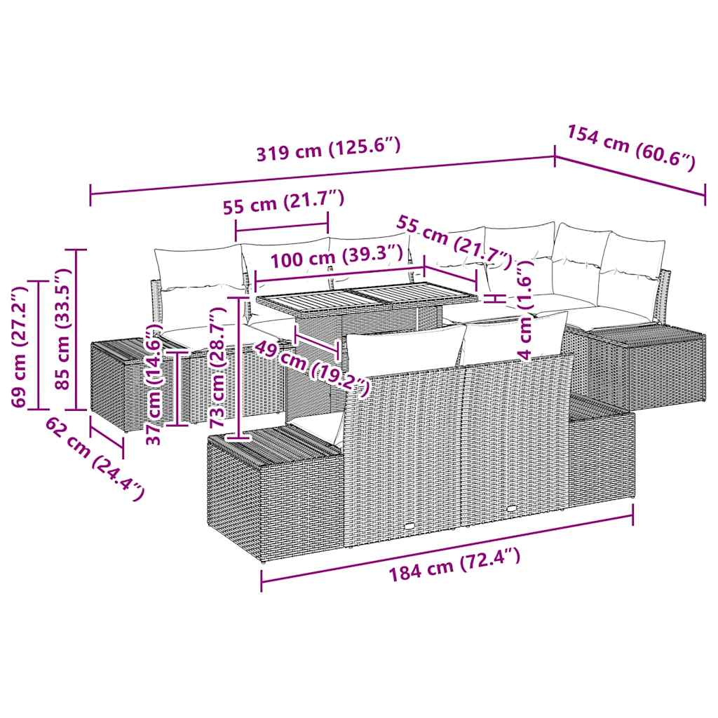 vidaXL Σετ Επίπλων Κήπου 9 Τεμαχίων με Μαξιλάρια Μπεζ Πολυ Ρατάν Ακακίας
