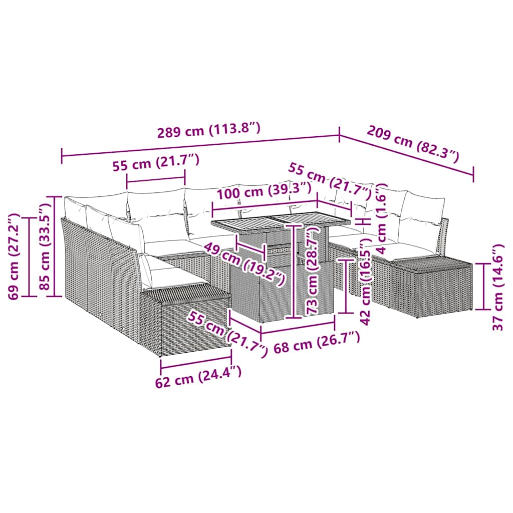vidaXL σετ κήπου 10 κομματιών με μαξιλάρια μαύρο πολυρεντάν ακακία