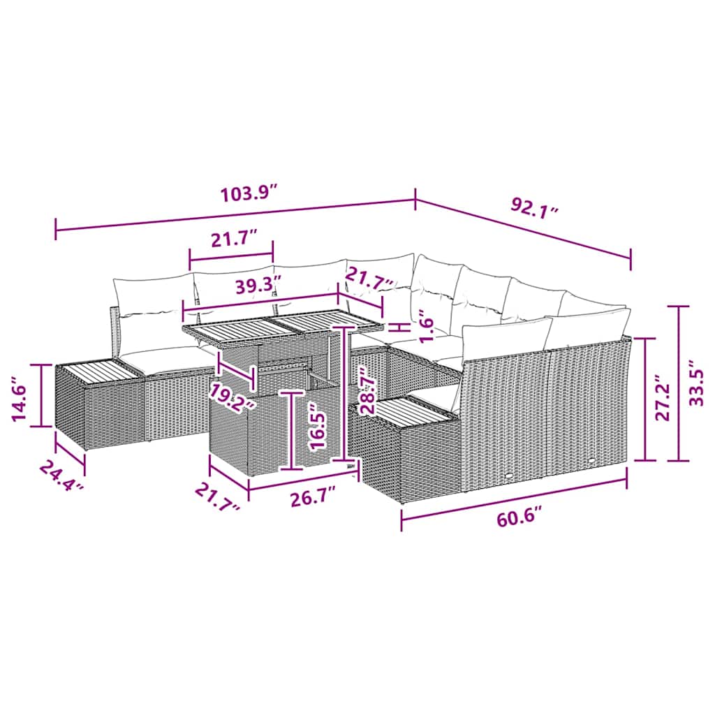vidaXL Σετ Φαγητού 9 Τεμαχίων με Μαξιλάρια Μαύρο Πολυ Ρατάν