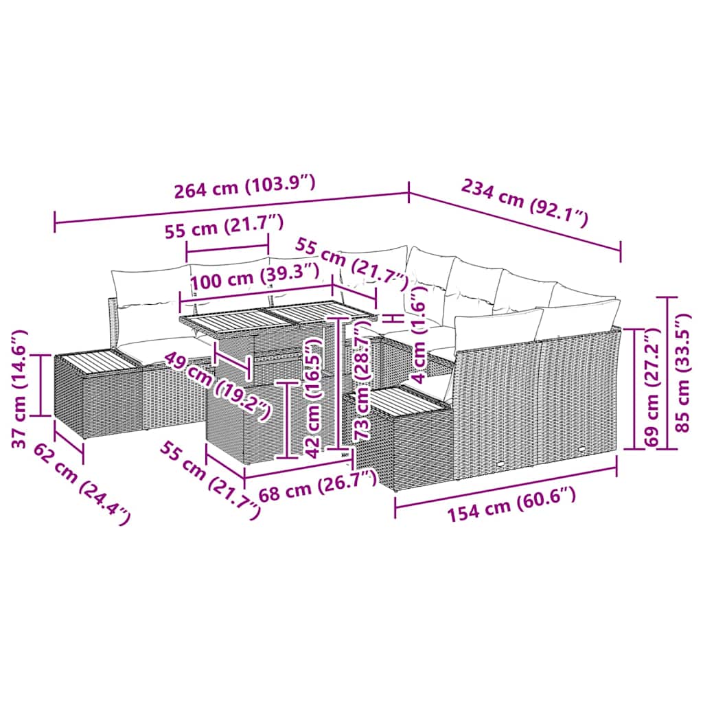 vidaXL 9 Τεμάχιο Σετ Φαγητού Κήπου με Μαξιλάρια Μπεζ Πολυ Ρατάν Ακακία