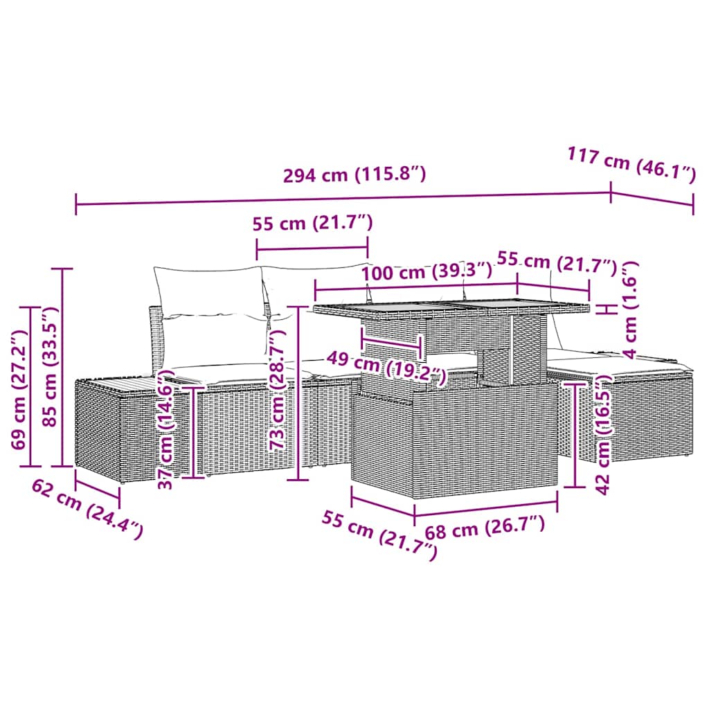 vidaXL Σετ Γευμάτων Κήπου 6 Τεμαχίων με Μαξιλάρια Γκρι Συνθετικό Ρατάν Ακακία