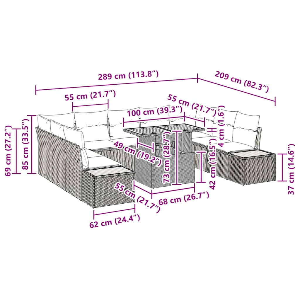 vidaXL 10 Τεμάχιο Σετ Φαγητού Κήπου με Μαξιλάρια Μπεζ Πολυ Ρατάν Ακακία