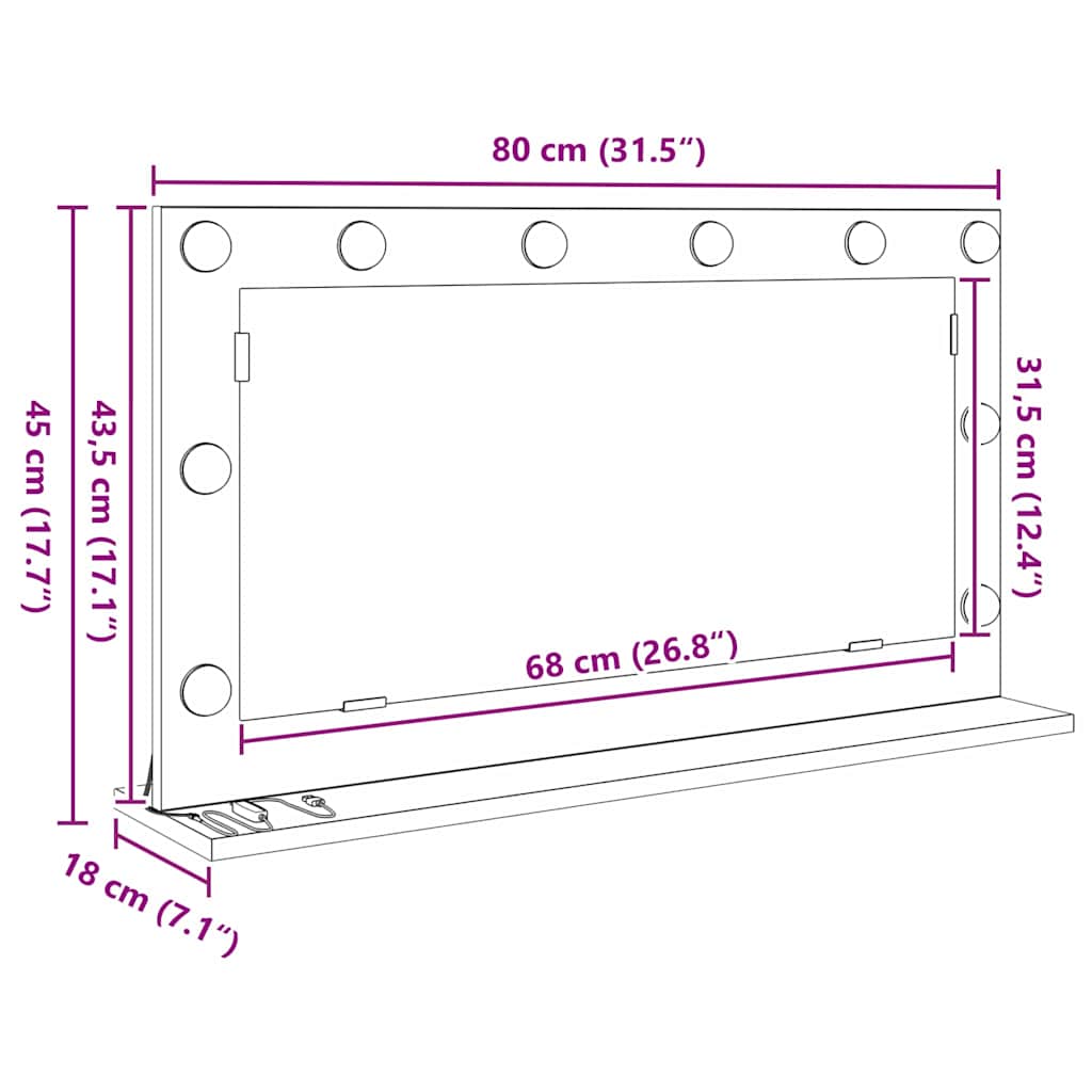 vidaXL Καθρέφτης τουαλέτας με φώτα λωρίδας LED Λευκό 80 x 45 x 18 εκ.