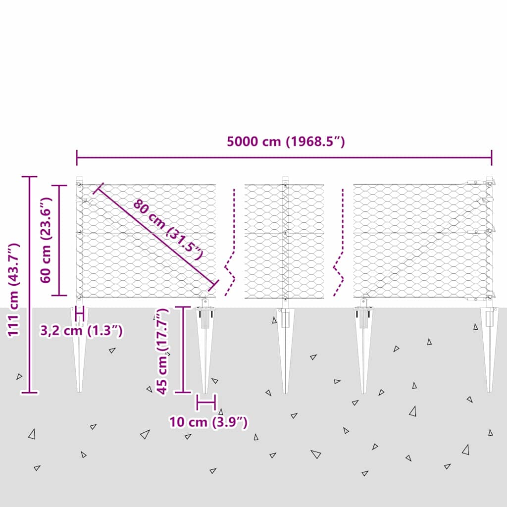 vidaXL Εξάγωνος Φράχτης Γκρι 0.6x50 μ Ατσάλι