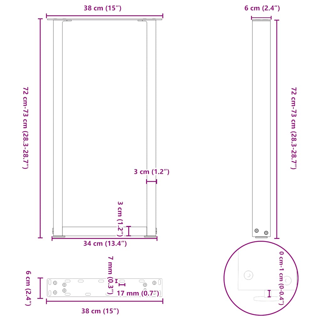 vidaXL Πόδια Κονσόλας σε Σχήμα U 2 τεμ. Μαύρο 38x(72-73) εκ. Ατσάλι